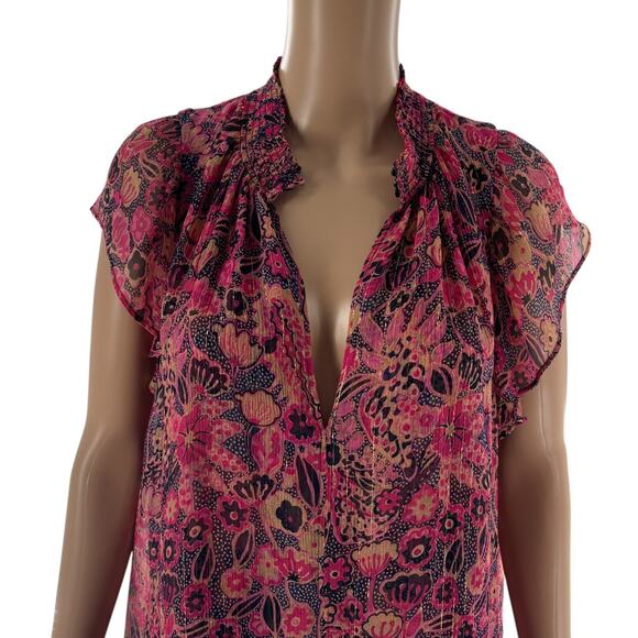 A.L.C. Hayley Pink Floral Metallic Short Flutter Sleeve Silk Top - Picture 5 of 12
